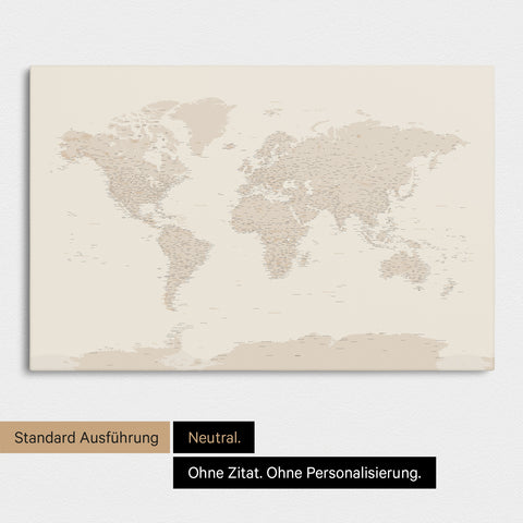 Neutrale Standard-Ausführung einer Weltkarte mit Antarktis als Pinn-Leinwand in Gold