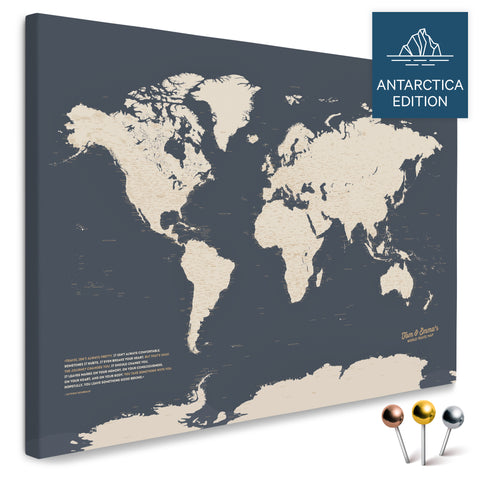 Weltkarte mit Antarktis in Hale Navy (Dunkelblau-Gold) als Pinnwand Leinwand kaufen