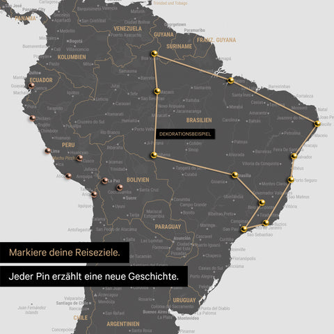Detail einer Weltkarte als Pinn-Leinwand in Light Gray zeigt einen Ausschnitt aus Südamerika