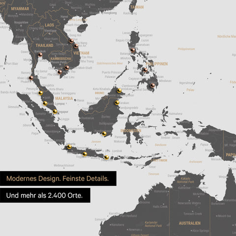 Detail einer Weltkarte in Light Gray zeigt Südost-Asien