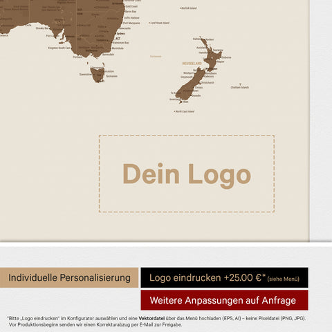 Weltkarte mit Antarktis als Pinn-Leinwand in Multicolor Braun mit Logo-Eindruck für Unternehmen