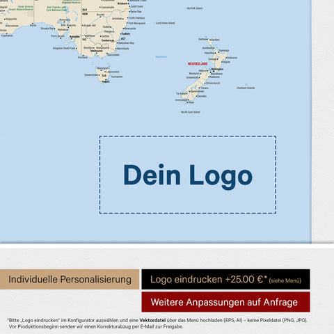 Weltkarte mit Antarktis als Pinn-Leinwand in Multicolor Classic mit Logo-Eindruck für Unternehmen