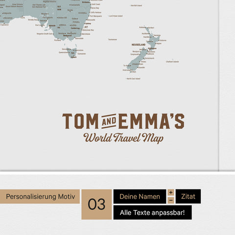 Personalisierte Weltkarte mit Antarktis als Pinn-Leinwand in der Farbe Multicolor Light mit einer Personalisierung als Vintage-Logo