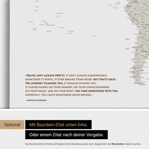 Personalisierbare Weltkarte mit Antarktis in Multicolor Light mit Zitat von Anthony Bourdain