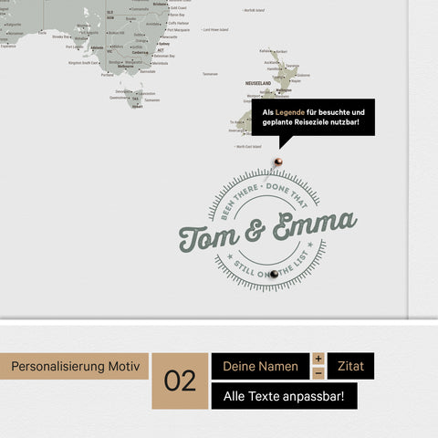 Personalisierte Antarktis-Weltkarte als Pinnwand Leinwand in Multicolor Sage mit Personalisierung in rund