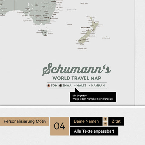 Pinnwand Leinwand einer Antarktis-Weltkarte in Multicolor Sage mit personalisiertem Logo als Familiennamen
