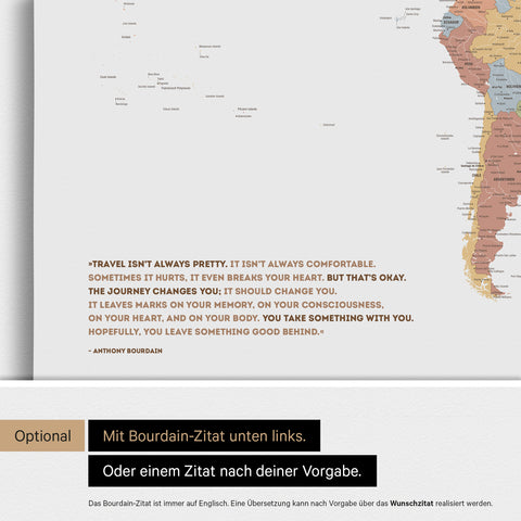 Personalisierbare Weltkarte mit Antarktis in Multicolor Sienna mit Zitat von Anthony Bourdain