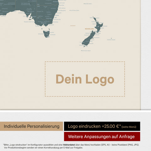 Weltkarte mit Antarktis als Pinn-Leinwand in Multicolor Vivid mit Logo-Eindruck für Unternehmen