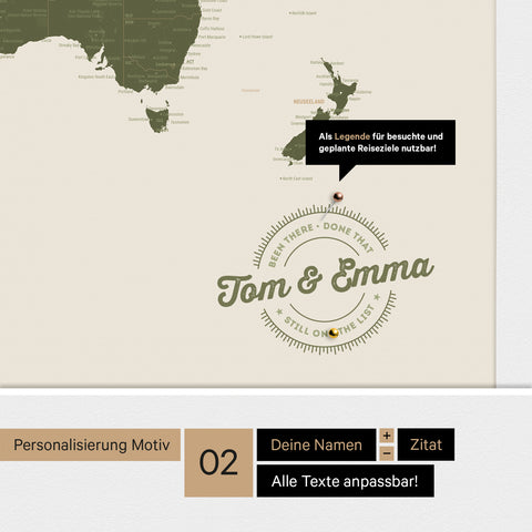Personalisierte Antarktis-Weltkarte als Pinnwand Leinwand in Olive Green mit Personalisierung in rund