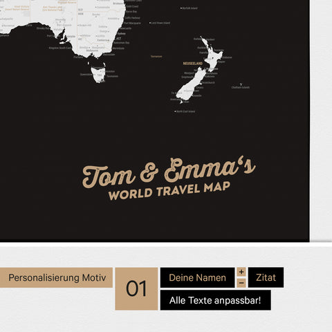 Weltkarte mit Antarktis als Pinnwand Leinwand in Schwarz-Weiß mit Personalisierung