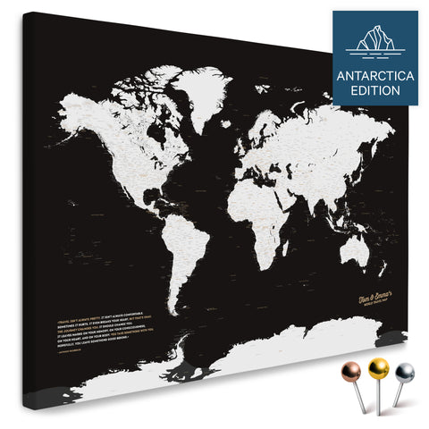 Weltkarte mit Antarktis in Schwarz-Weiß als Pinnwand Leinwand kaufen
