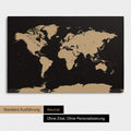 Neutrale Standard-Ausführung einer Weltkarte mit Antarktis als Pinn-Leinwand in Sonar Black (Schwarz-Gold)