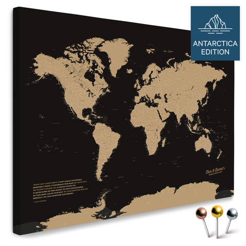 Weltkarte mit Antarktis in Sonar Black (Schwarz-Gold) als Pinnwand Leinwand kaufen