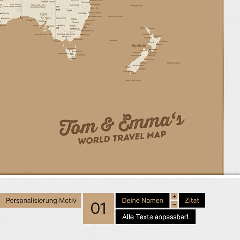 Weltkarte mit Antarktis als Pinnwand Leinwand in Treasure Gold mit Personalisierung