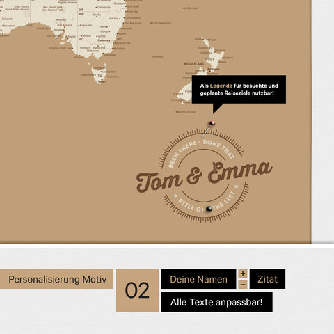 Personalisierte Antarktis-Weltkarte als Pinnwand Leinwand in Treasure Gold mit Personalisierung in rund