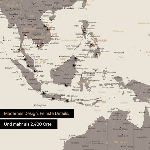 Detail einer Weltkarte in Warmgray (Braun-Grau) zeigt Südost-Asien