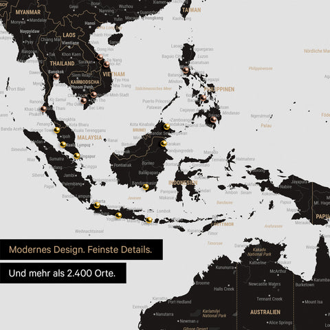 Detail einer Weltkarte in Light Black (Weiß Schwarz) zeigt Südost-Asien