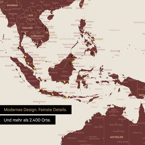 Detail einer Weltkarte in Bordeaux Rot zeigt Südost-Asien