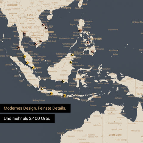 Detail einer Weltkarte in Hale Navy (Dunkelblau-Gold) zeigt Südost-Asien