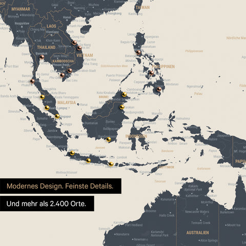 Detail einer Weltkarte in Navy Light zeigt Südost-Asien