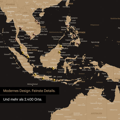 Detail einer Weltkarte in Sonar Black (Schwarz-Gold) zeigt Südost-Asien