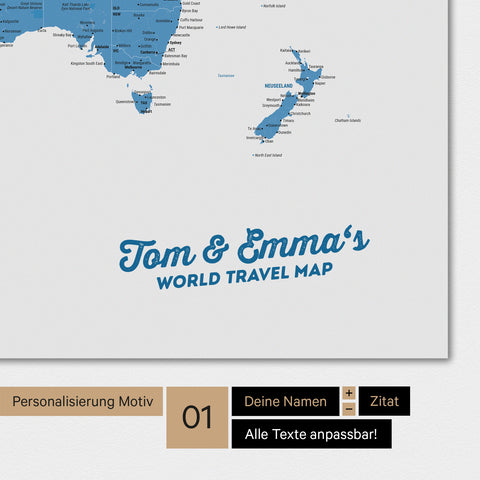 Carte du monde personnalisée en bleu avec ton nom imprimé