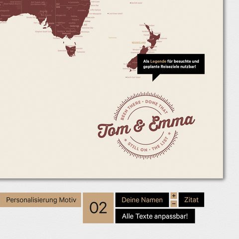 Alternative design for personalization with your name on a world map in Bordeaux red color