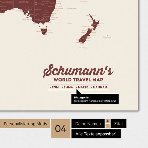 World map in Bordeaux red color with personalization as a family logo