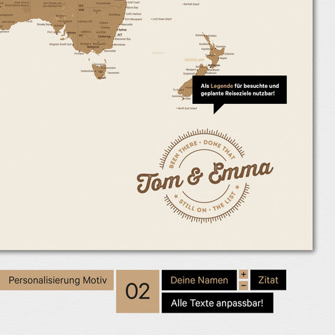 Alternative design for a personalization with your name on a bronze world map