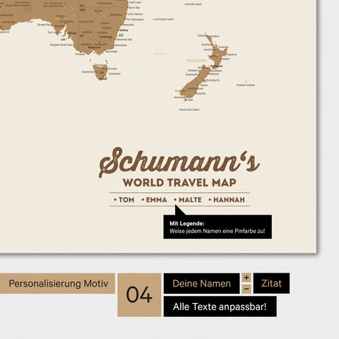 World map in bronze with personalization as a family logo