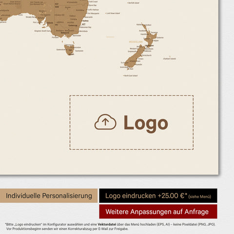 Weltkarte in Bronze mit eingedrucktem Firmenlogo