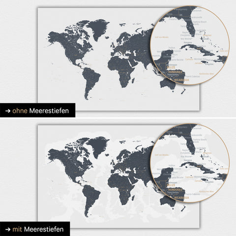 World map in denim blue color with two-dimensional sea depths