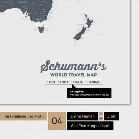 World map in Denim Blue color with personalization as a family logo