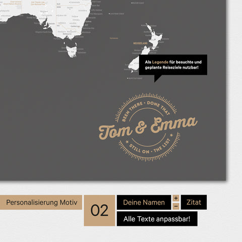 Alternative design for personalization with your name on a world map in dark gray color