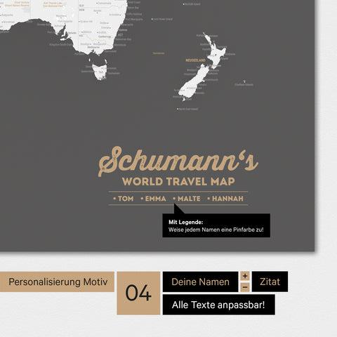 World map in dark gray color with personalization as a family logo