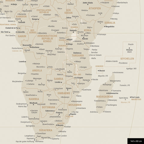 Weltkarte in der Equal-Earth-Projektion, Farbe Gold, zeigt einen Ausschnitt von Afrika in seinen korrekten Größenverhältnissen und Proportionen