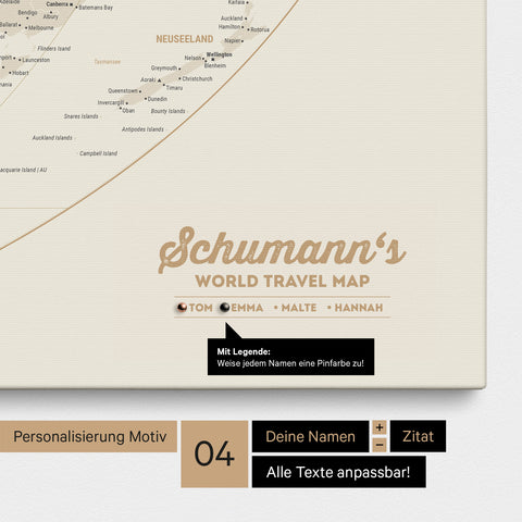 Leinwand einer Weltkarte in der Equal-Earth-Projektion in Gold mit Personalisierung als Logo mit Familiennamen und Legende