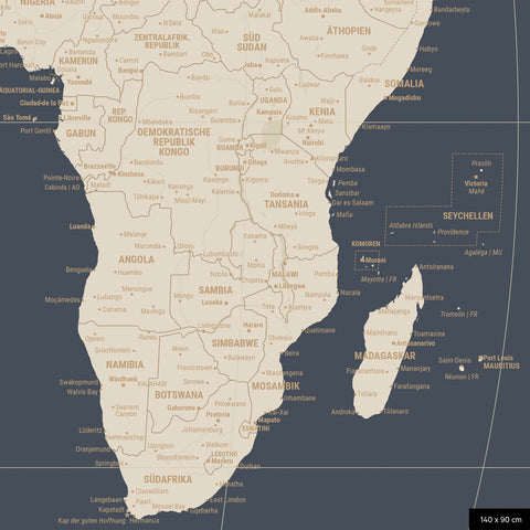 Weltkarte in der Equal-Earth-Projektion, Farbe Hale Navy, zeigt einen Ausschnitt von Afrika in seinen korrekten Größenverhältnissen und Proportionen