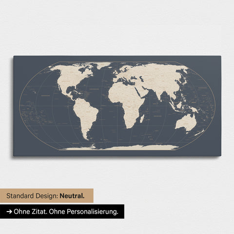 Neutrale und schlichte Ausführung einer Weltkarte in der Equal-Earth-Projektion als Pinn-Leinwand in Hale Navy ohne Personalisierung