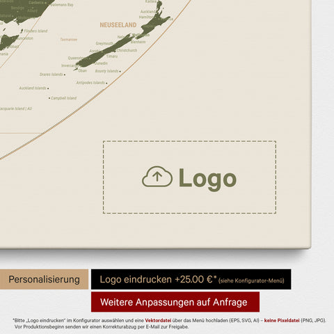 Weltkarte in der Equal-Earth-Projektion als Pinn-Leinwand in Olive Green, auf die ein Firmenlogo eingedruckt werden kann