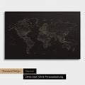 Schlichte Weltkarte FINELINE als Pinnwand-Leinwand in Farbe Sonar Black ohne Personalisierung