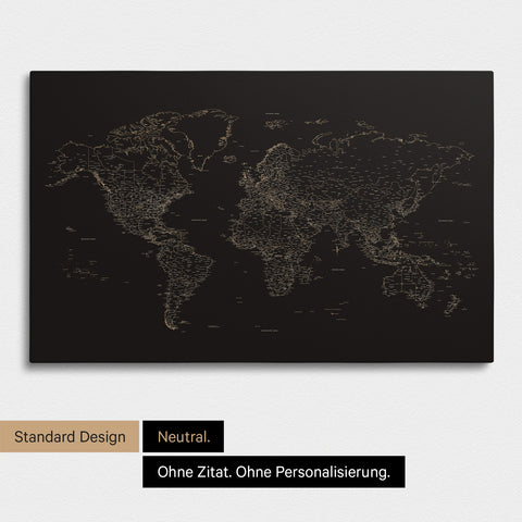 Schlichte Weltkarte FINELINE als Pinnwand-Leinwand in Farbe Sonar Black ohne Personalisierung