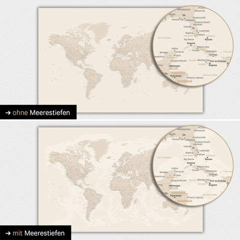 Weltkarte in Farbe Gold mit zweidimensionalen Meerestiefen