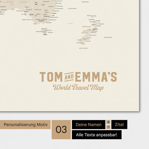 Weltkarte in Farbe Gold mit einem Vintage-Logo als moderne Personalisierung