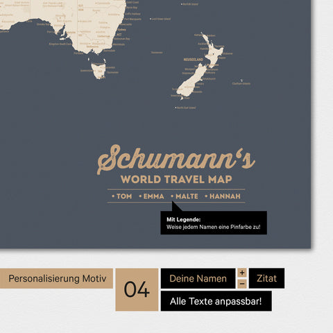 World map in Hale Navy color (gold-dark blue) with personalization as a family logo