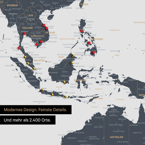 Ausschnitt einer Weltkarte in Denim Blue zeigt Karte von Südost-Asien mit Pins von besuchten Reisezielen