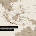 Ausschnitt einer Weltkarte in Desert Sand (Beige) zeigt Karte von Südost-Asien mit Pins von besuchten Reisezielen