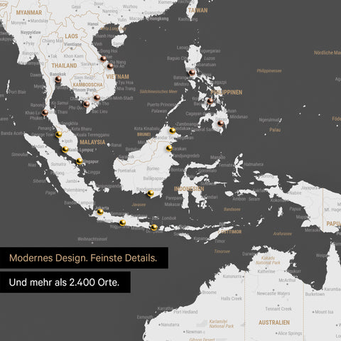 Ausschnitt einer Weltkarte in Dunkelgrau zeigt Karte von Südost-Asien mit Pins von besuchten Reisezielen