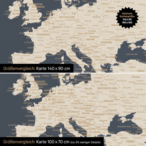 Größenvergleich von Weltkarten in den Formaten 140 x 90 cm und 100 x 70 cm