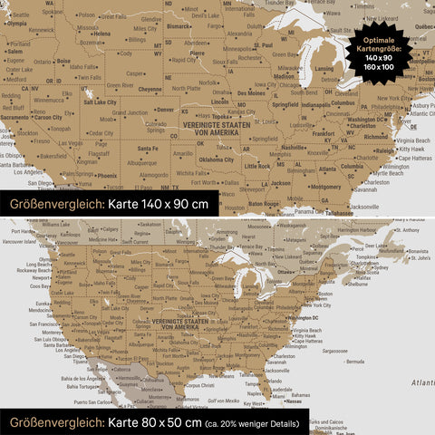 Größenvergleich einer Weltkarte Leinwand in den Formaten 140 x 90 cm und 80 x 50 cm